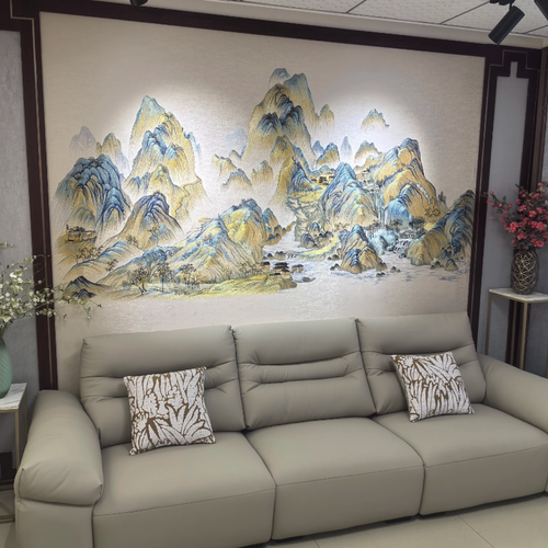 独绣彩金线刺绣无缝壁布山水千里江山客厅电视沙发背景墙独秀中式