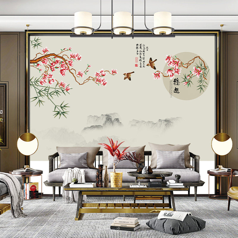 独绣刺绣无缝壁布印加绣花鸟画雅趣客厅电视沙发背景墙布新中式