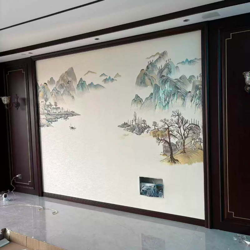 独绣刺绣无缝壁布山水悠然山居客厅电视沙发背景墙独秀布新中式