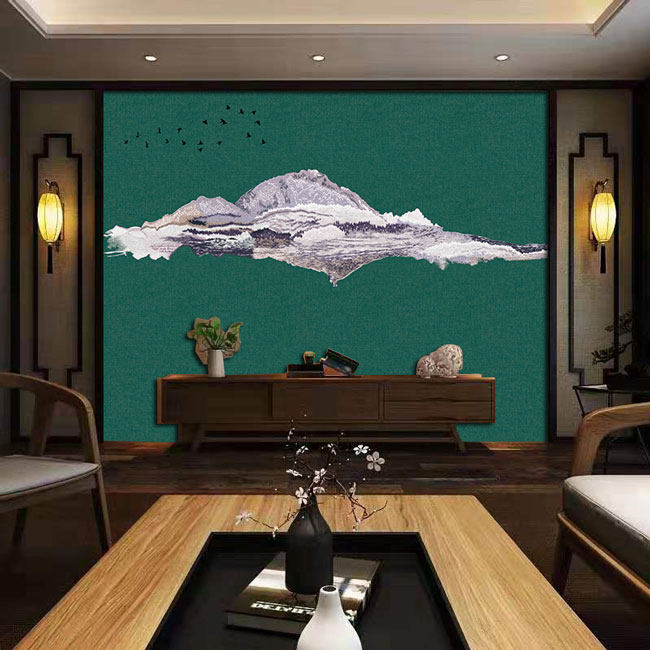 独秀墙布独绣刺绣背景山水轻奢沙发电视卧室大气苏绣新款蓝沙发背