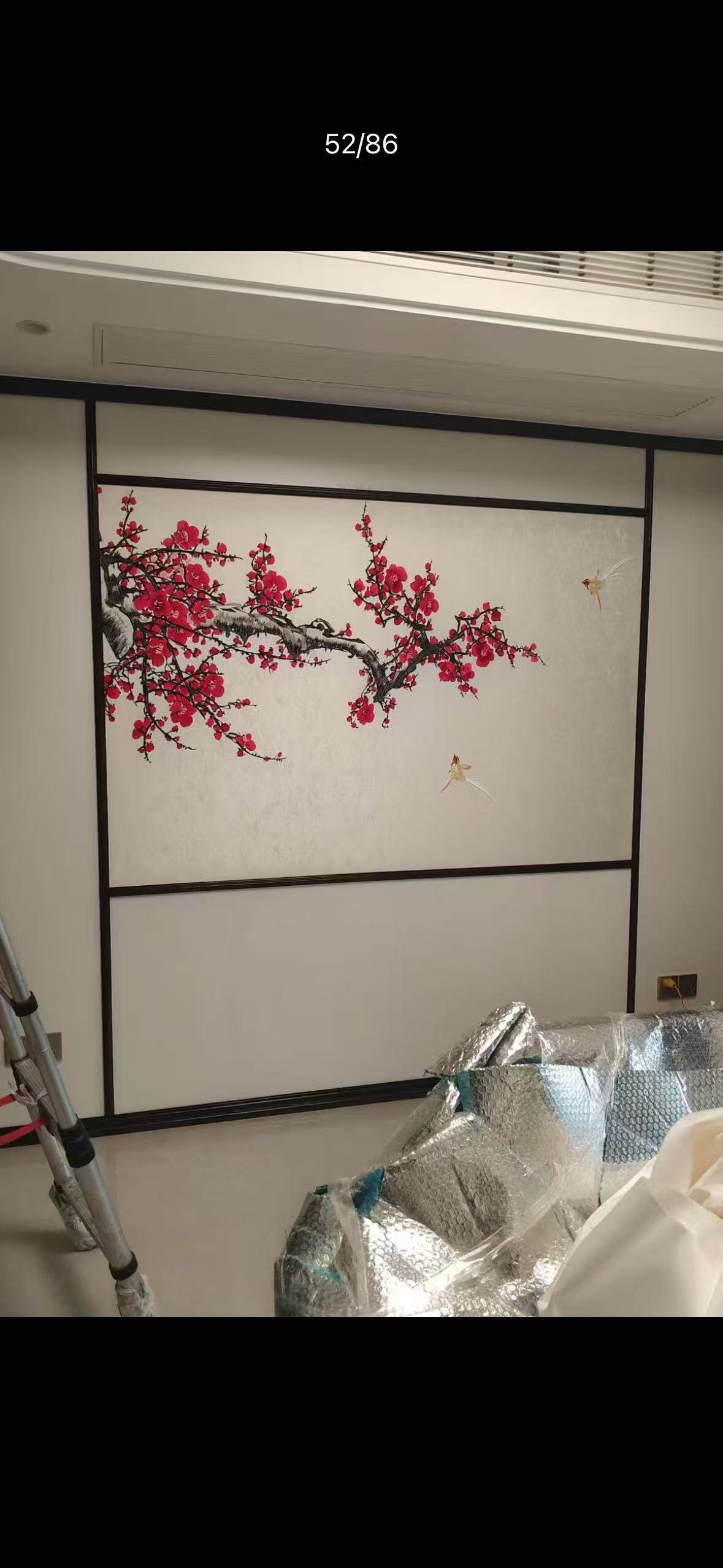 言绣客厅刺绣新中式梅花背景壁布