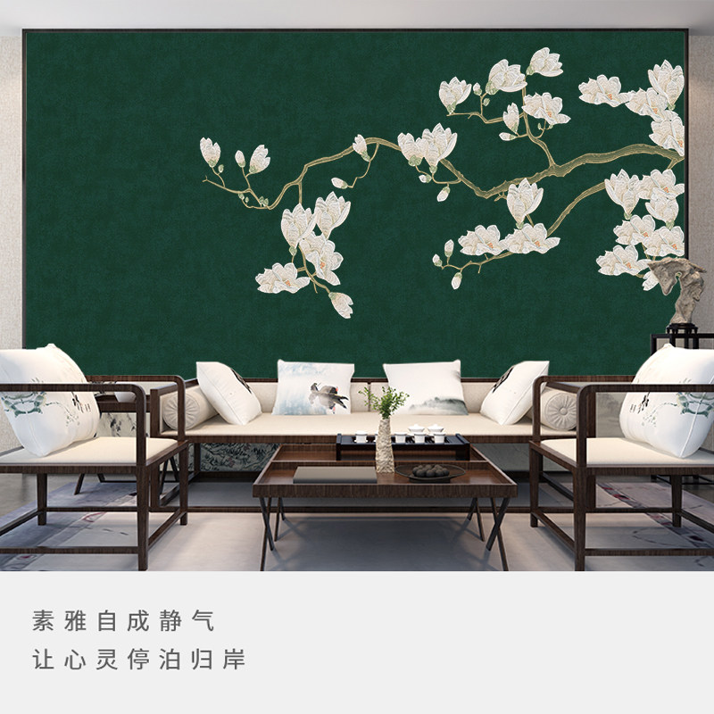 玉兰花客厅墙布言绣现代中式刺绣