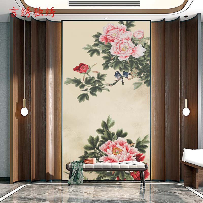 言绣壁布壁画玄关牡丹背景