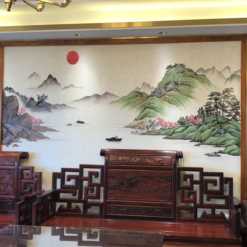 独绣山水背景墙布中式刺绣壁布无缝沙发客厅电视独秀壁画厂家直销
