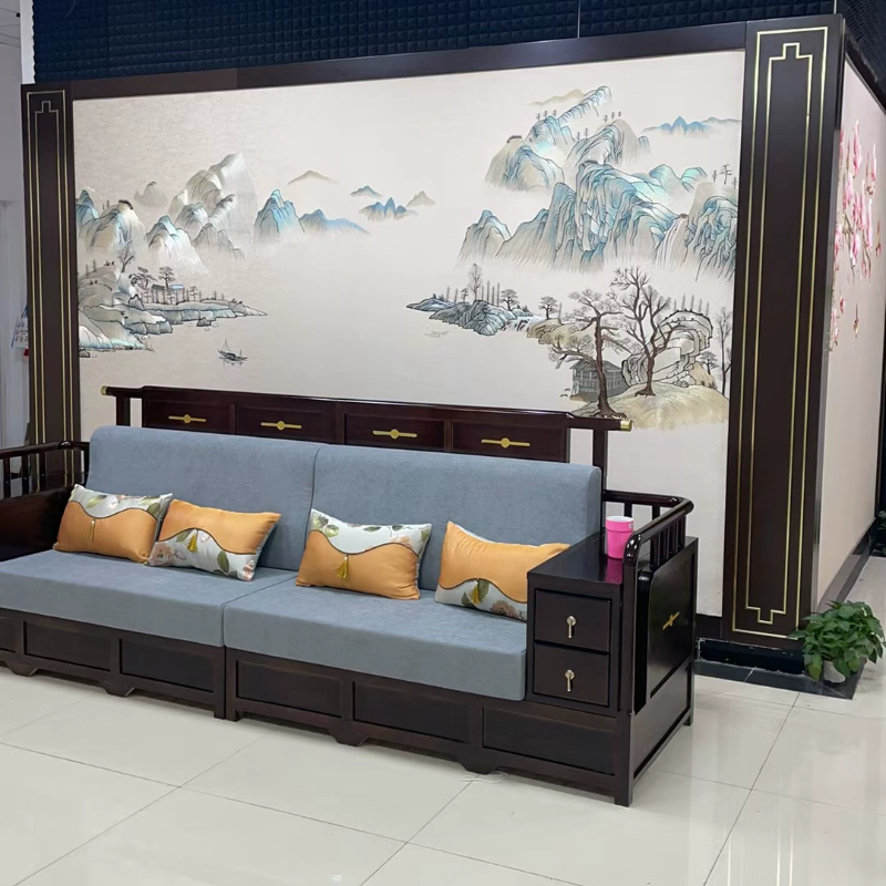 独绣刺绣无缝壁布山水悠然山居客厅电视沙发背景墙独秀布新中式