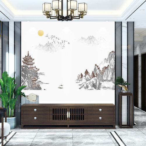 独绣刺绣无缝壁布印加绣山水画客厅电视沙发背景墙布新中式