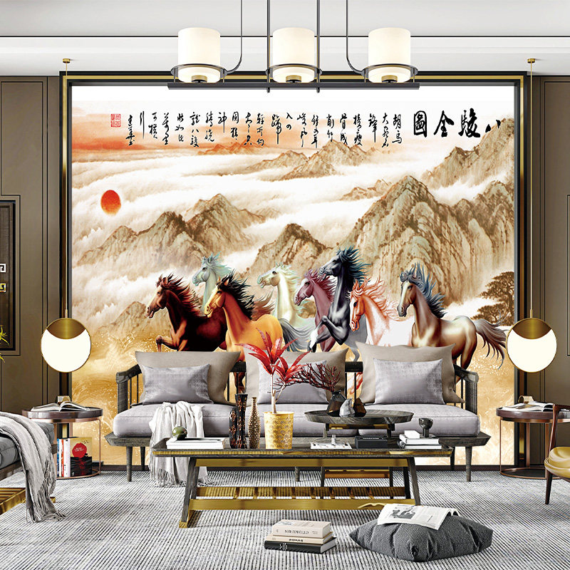 独绣刺绣无缝壁布印加绣马八骏全图客厅电视沙发背景墙布新中式