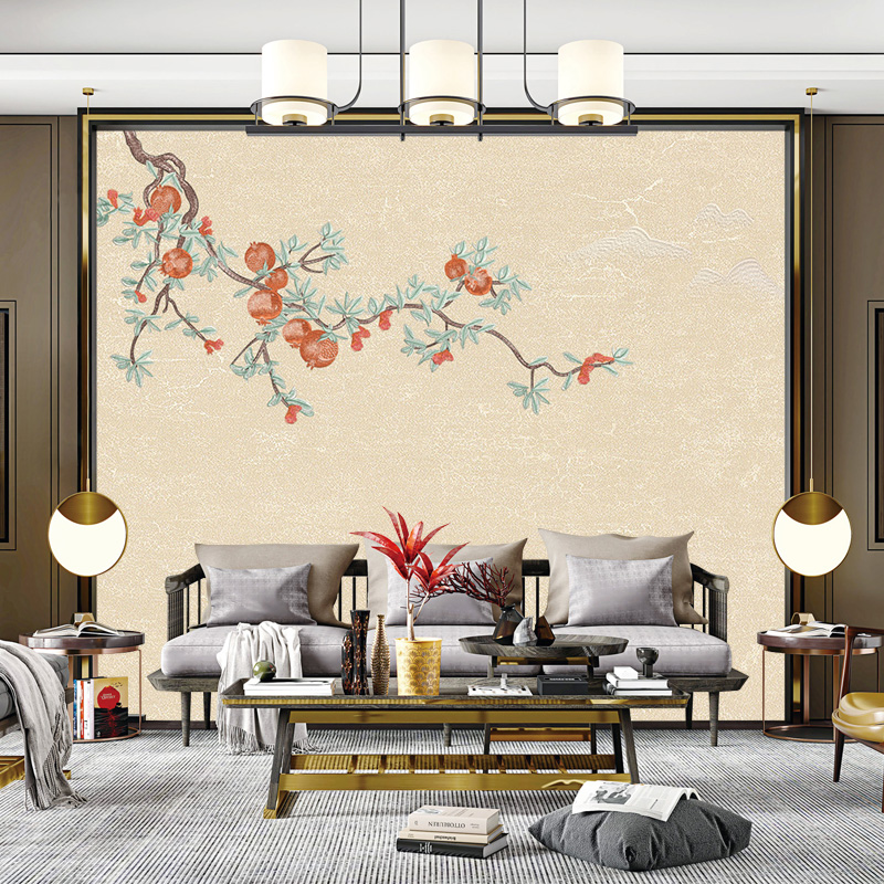 独绣石榴刺绣无缝壁布硕果累累客厅电视沙发背景墙布新中式