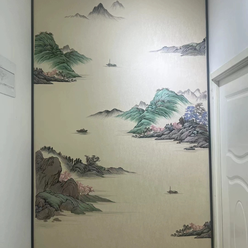 独绣刺绣无缝壁布挑高山水画十里山河客厅电视沙发背景墙布新中式
