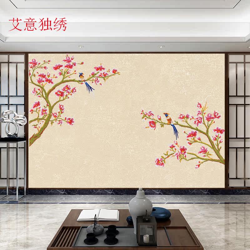 花鸟客厅壁布新中式刺绣