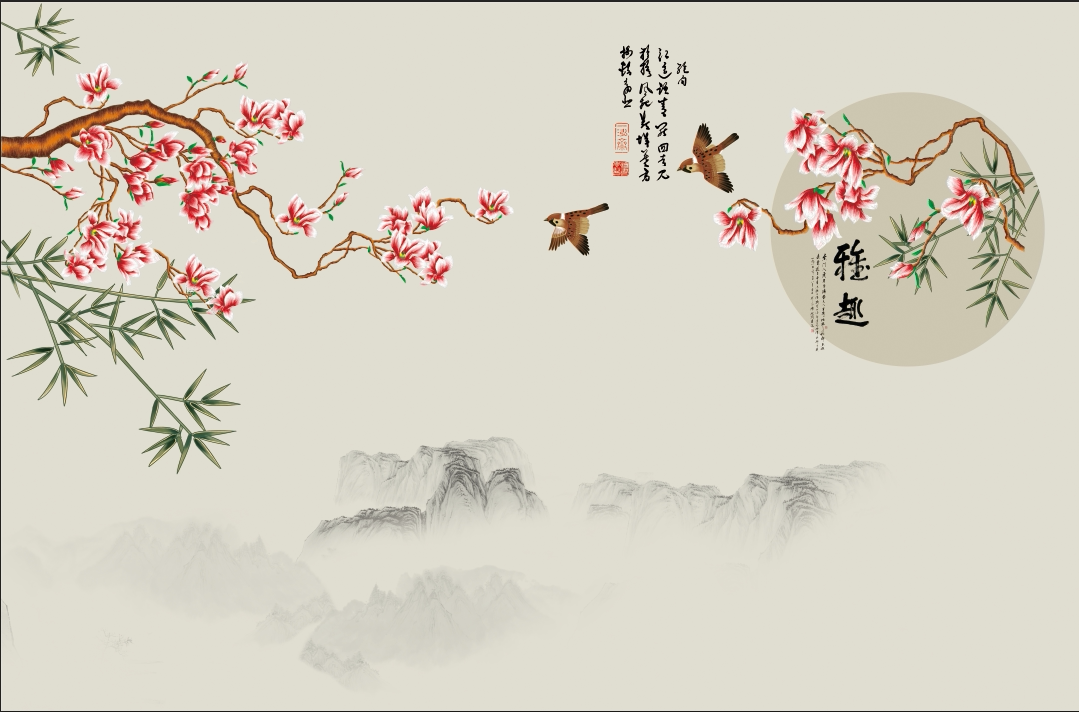 花鸟客厅墙布言绣中式刺绣