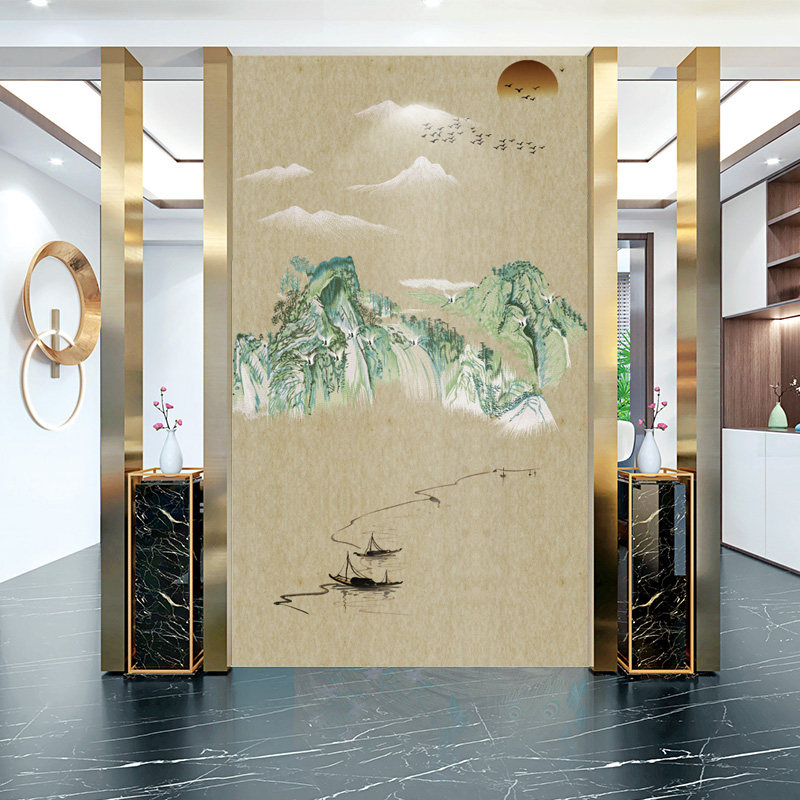 独绣刺绣无缝壁布印加绣山水画客厅沙发玄关背景墙布新中式