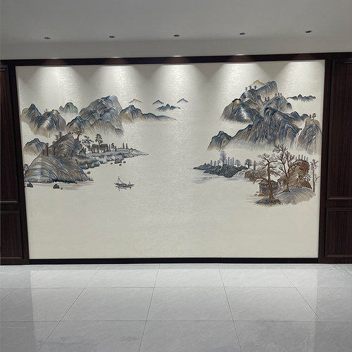 悠然山居山水刺绣新中式背景墙布