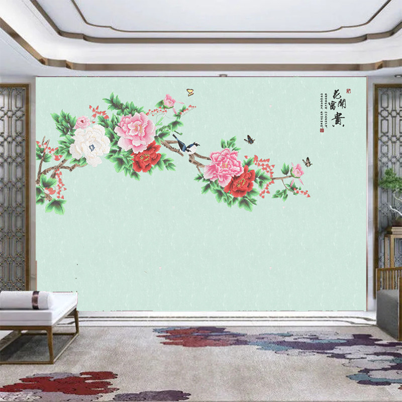 高端刺绣墙布独绣电视背景墙独秀壁布孔雀蓝客厅中式无缝牡丹直销