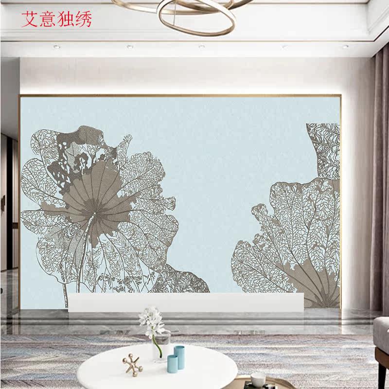 荷叶客厅家用独秀刺绣背景墙