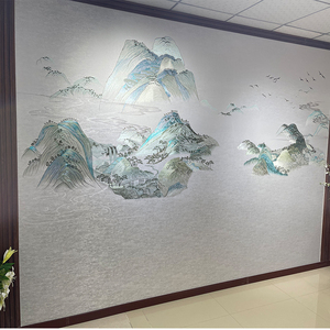 言绣山水无缝独绣刺绣墙布金丝线千里江山客厅彩金线沙发中式背景