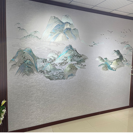 言绣新中式背景墙千里江山独绣秀刺绣墙布客厅彩金线沙发中式宋式