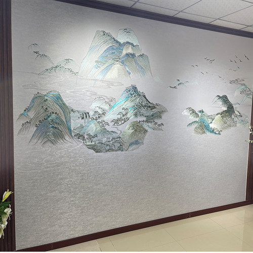 言绣新中式背景墙千里江山独绣秀刺绣墙布客厅彩金线沙发中式宋式