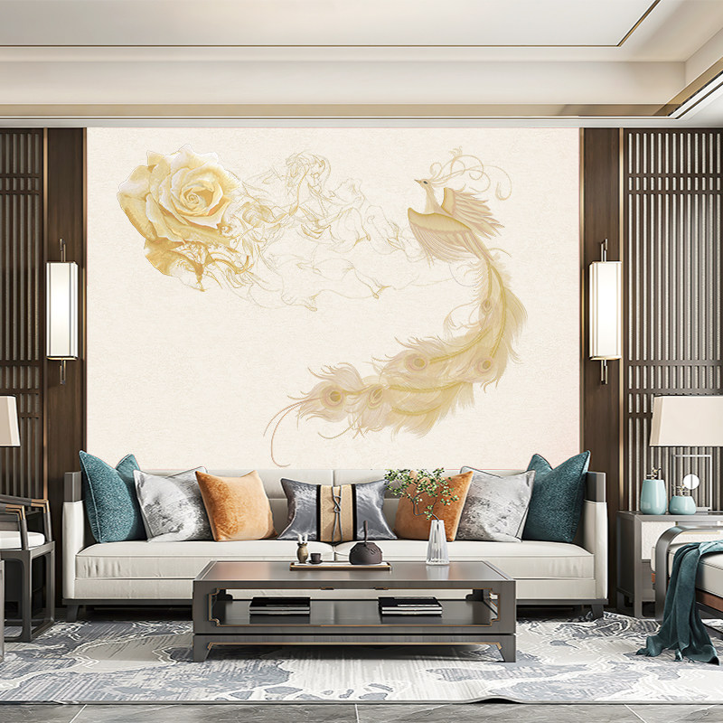 独绣刺绣无缝壁布凤凰时光流逝客厅沙发背景墙布新中式刺绣背景