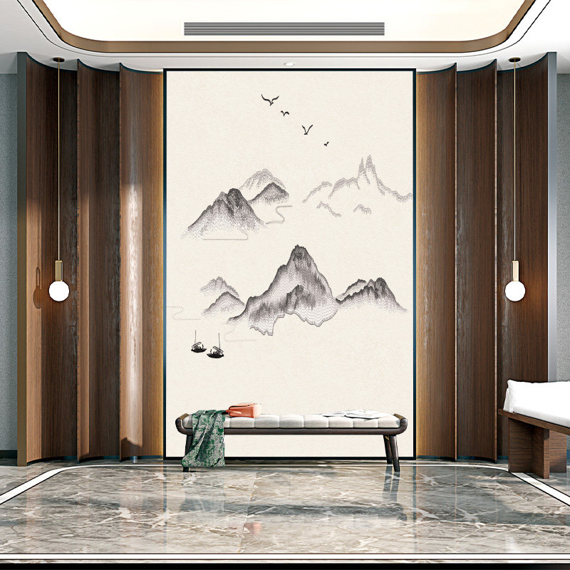 独绣刺绣玄关壁布挑高山水画山水一色客厅电视沙发背景墙布新中式