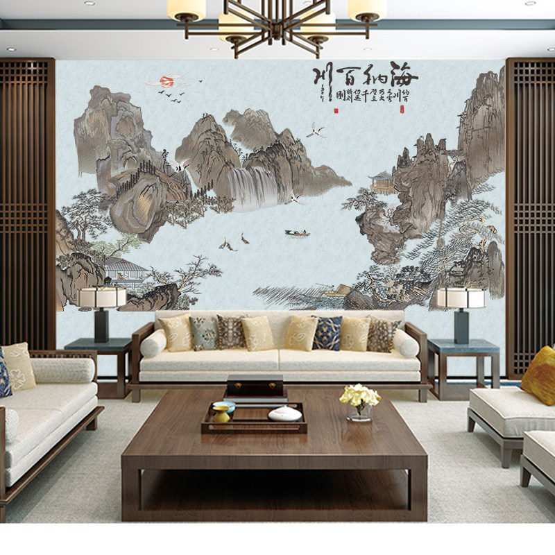 独绣新中式山水墙布刺绣背景墙壁布大厅独秀定制壁画酒店客厅