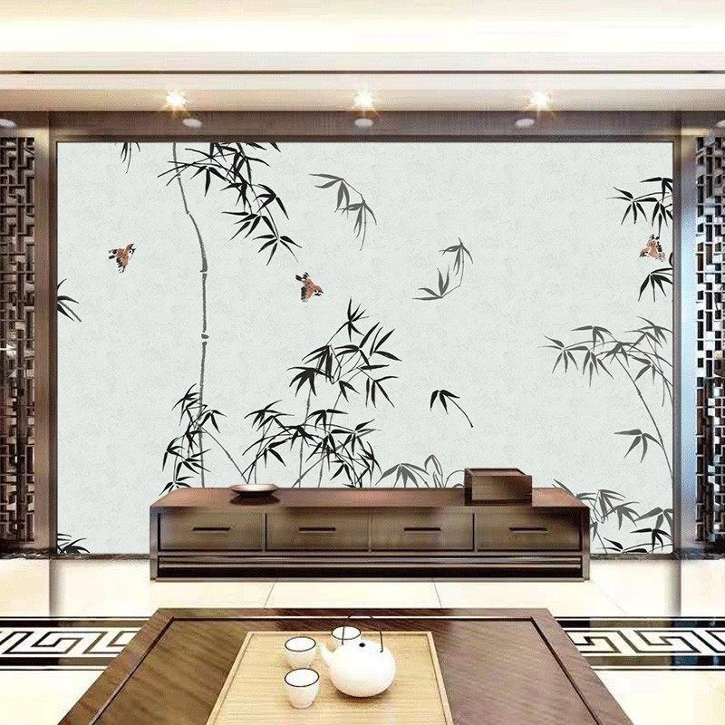无缝刺绣独绣墙布背景墙现代新中式电视沙发山水竹子壁布壁画客厅