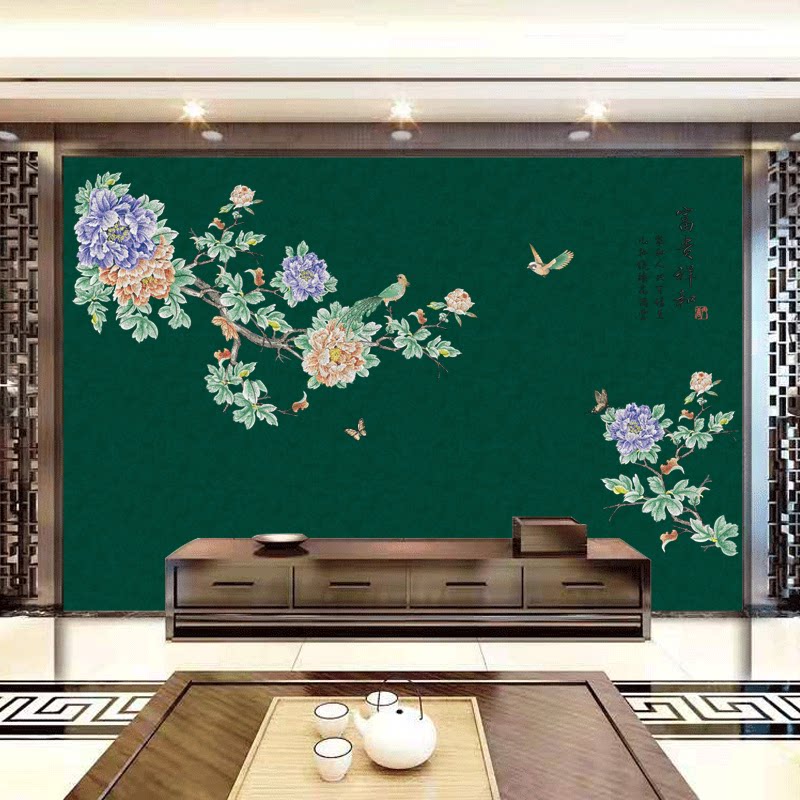 花开富贵无缝刺绣壁布客厅