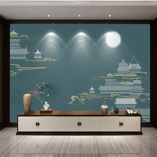 高端独秀刺绣山水壁画壁布空中楼阁金碧辉煌新中式会所客厅壁布