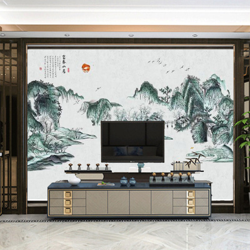 独绣山水墙布壁布客厅沙发电视背景现代简约独秀刺绣墙富春山居图