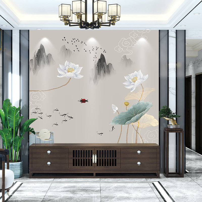 独绣刺绣无缝壁布印加绣荷花客厅电视沙发背景墙布新中式