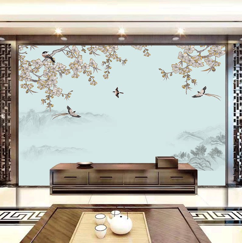 印加绣新中式花鸟山水壁布背景