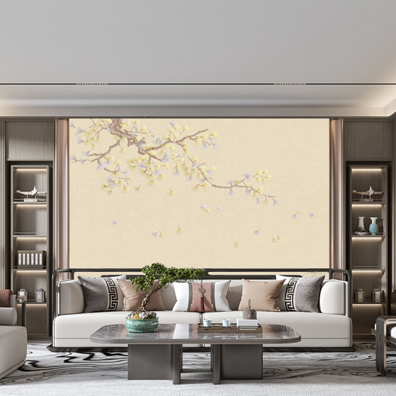 独绣刺绣无缝壁布银杏银杏花开客厅电视沙发背景墙独秀布新中式