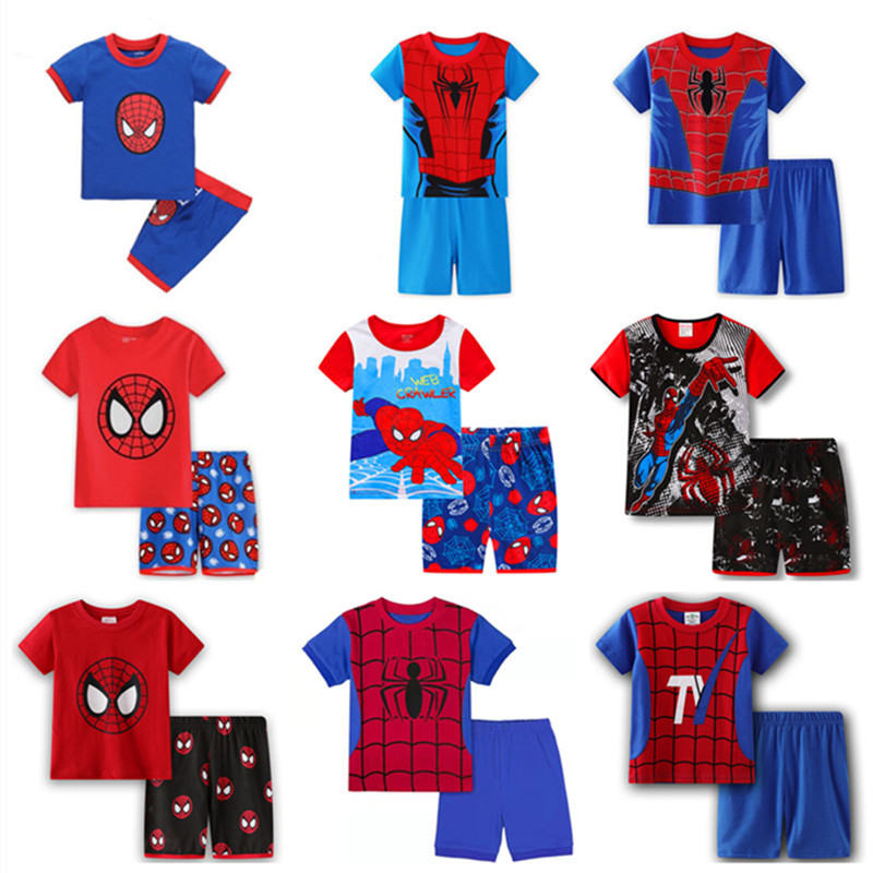 儿童睡衣男童夏季纯棉薄款卡通蜘蛛侠宝宝短袖韩版英雄家居服汽车