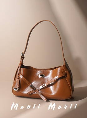 怪兽君小众复古腋下包时尚油蜡牛皮单肩包真皮斜挎包法式高级感包