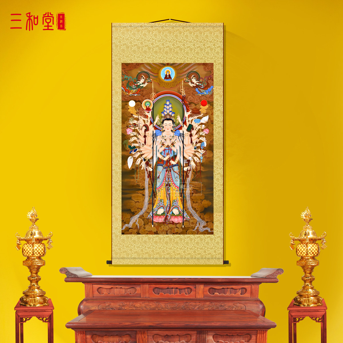 千手观音画像客厅卷轴挂画新中式装饰画工笔画工艺墙壁画国画挂轴