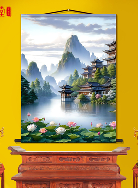 山水画佛道仙暗堂背景挂画仙境山水风景东北仙家招财无活物亭子画
