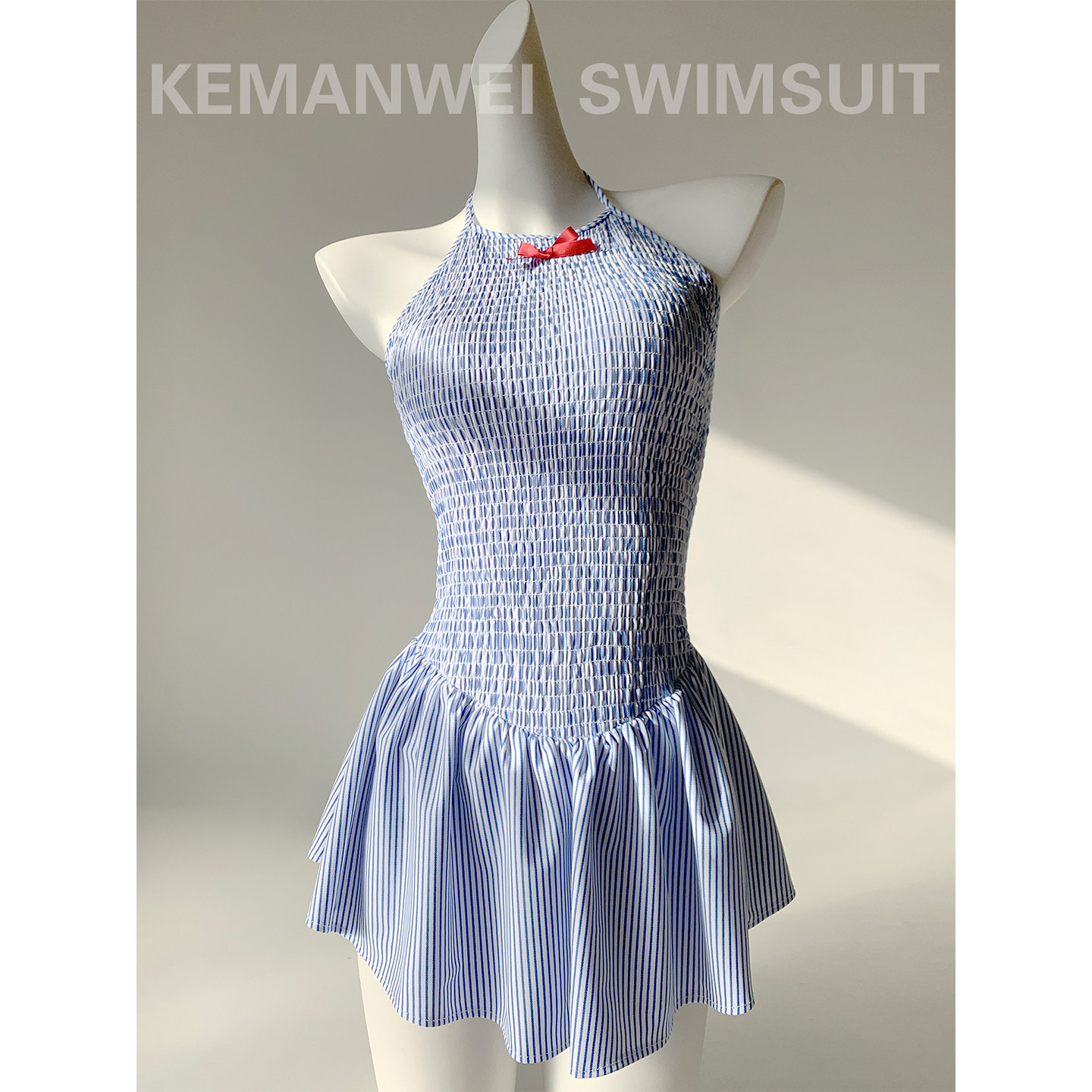 【蓝白竖纹】堆褶高弹甜美挂脖系带连体裙式显瘦泳衣女泡温泉新款