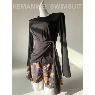 三件套泳衣女分体平角温泉新款 小众设计收腰显瘦罩衫 飘带萦回