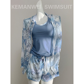 连帽罩衫 复古扎染蓝显白显瘦运动分体泳衣女三件套装 澄澈云海