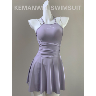 气质显白游泳馆专用 学生少女休闲运动泳衣女连体裙式 莫兰迪紫