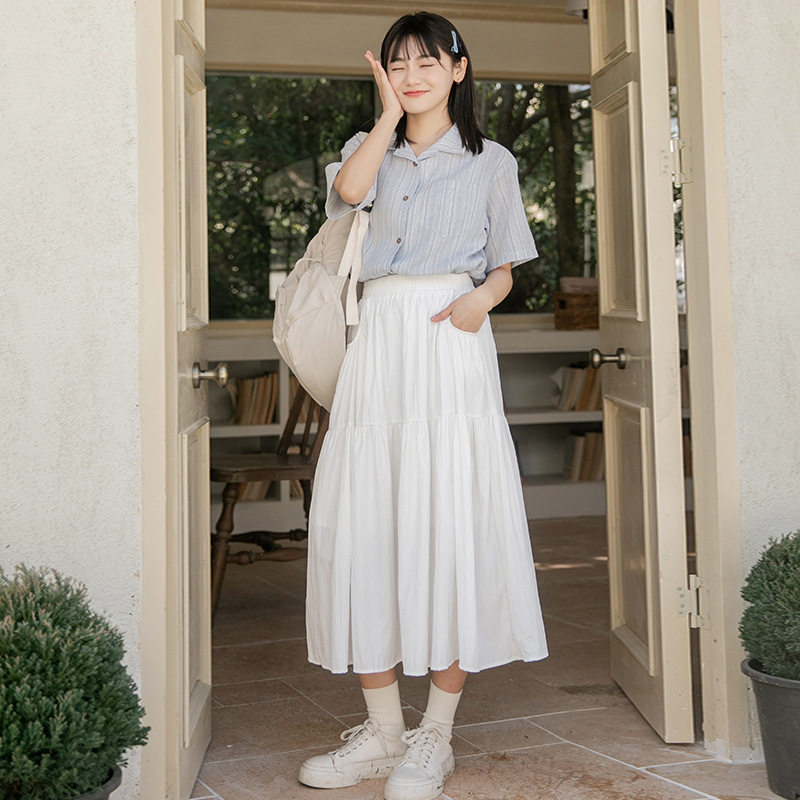 皇峥2025春夏新款白色半身裙女小个子清新高腰显瘦A字裙中长裙子