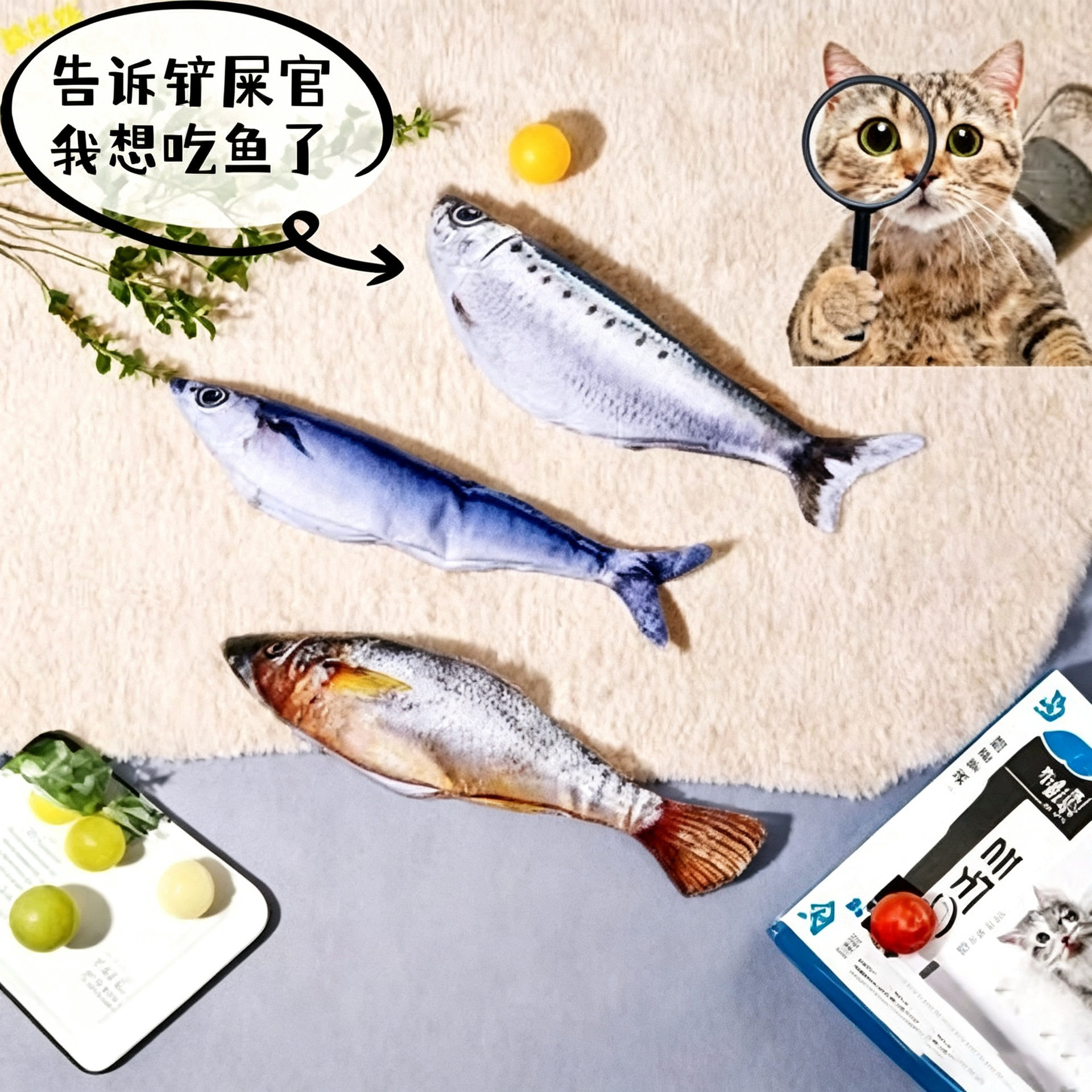 跨境小鱼电动猫玩具自嗨解闷逗猫玩具电动跳跳无纺布沙丁鱼秋刀鱼