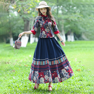 中国风春夏秋复古唐装棉麻茶服民族风大码女装改良旗袍上衣套装裙