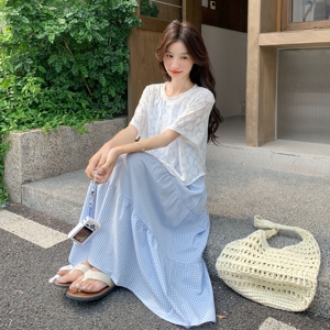 蕾丝不规则T恤连衣裙套装女夏叠穿格子吊带裙两件套绝美ootd爆款图片
