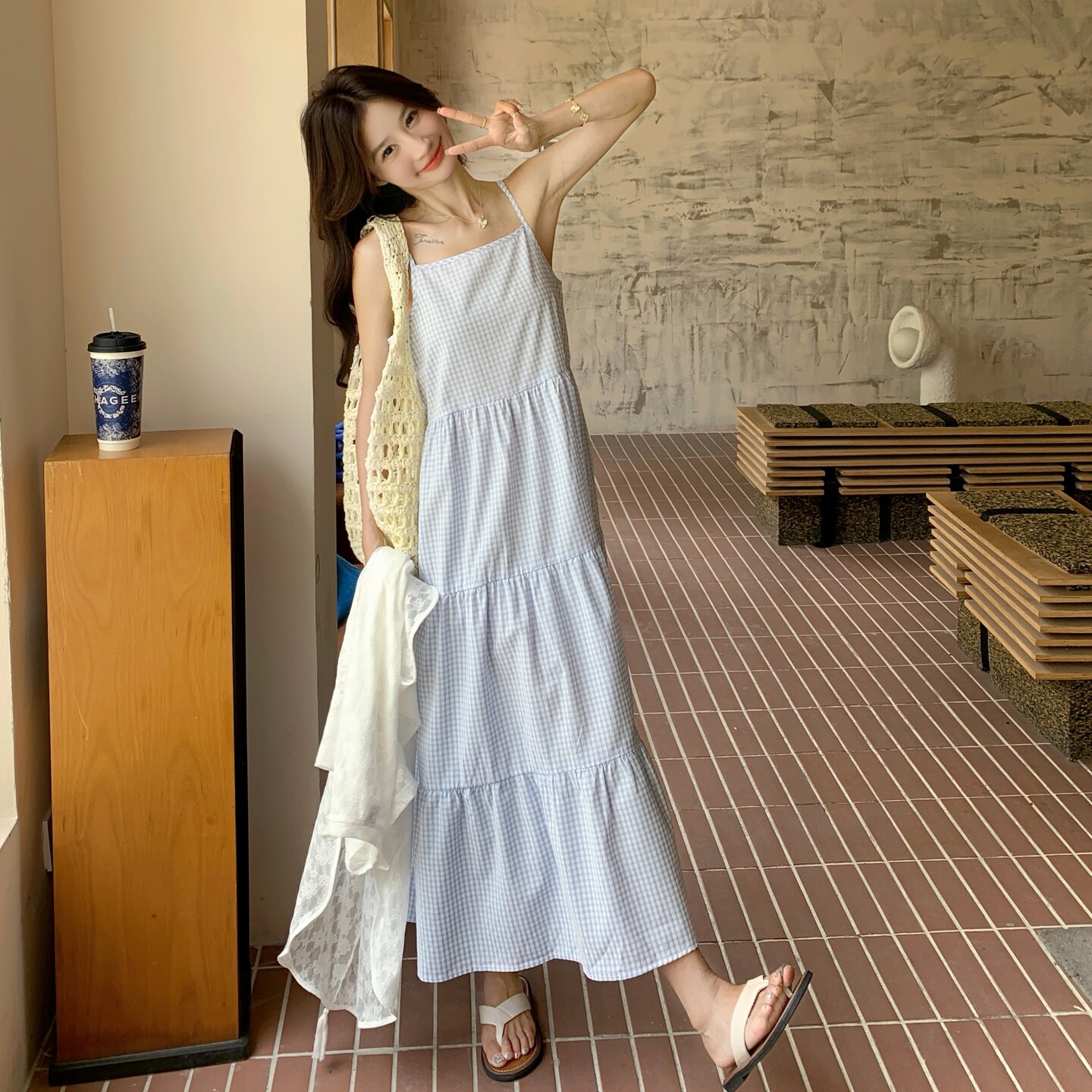 蕾丝不规则T恤连衣裙套装女夏叠穿格子吊带裙两件套绝美ootd爆款,女装套装/套裙,浙宝186