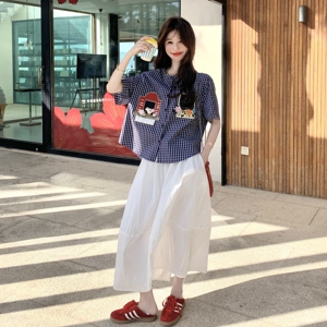 休闲复古刺绣格子衬衫半身裙套装女夏2025新款小个子两件套高级感图片