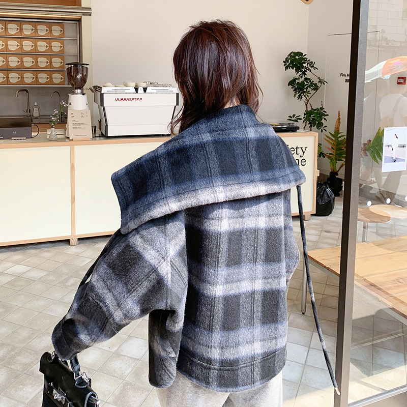 灰色复古格纹大翻领毛呢外套女冬2025新款法式超好看加厚呢子大衣,女装毛呢外套,浙宝186