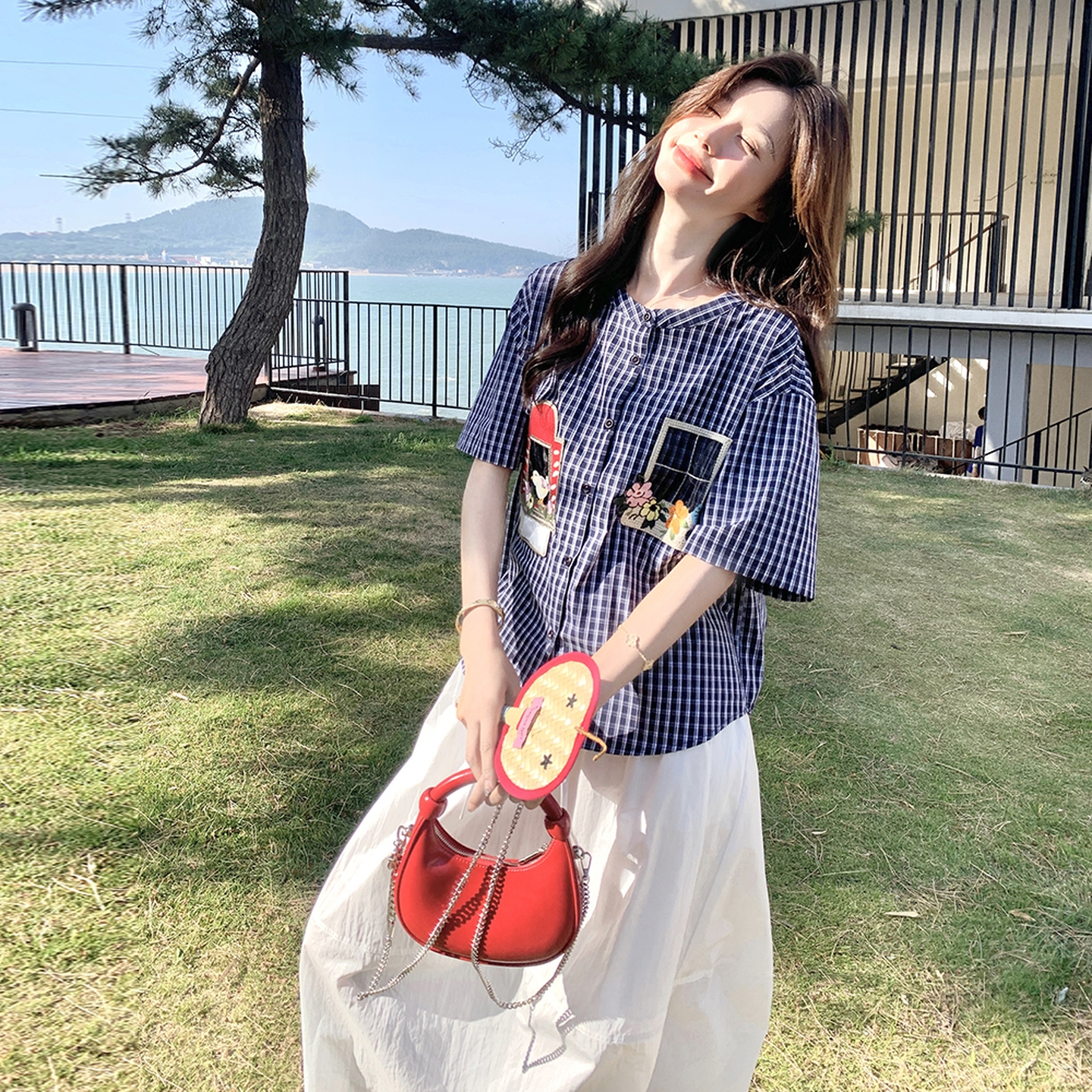现货刺绣格子上衣白色半身裙两件套8099p165k248，女装套装/套裙，浙宝186