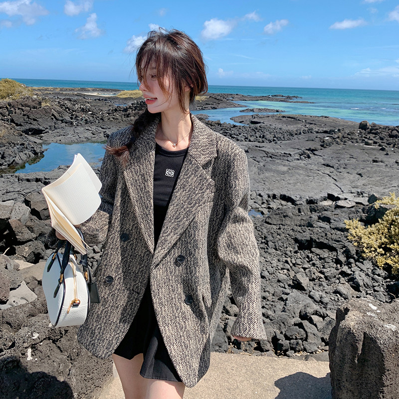 韩版灰色西装毛呢外套女2025春季新款宽松气质高级感短款呢子大衣,女装毛呢外套,浙宝186