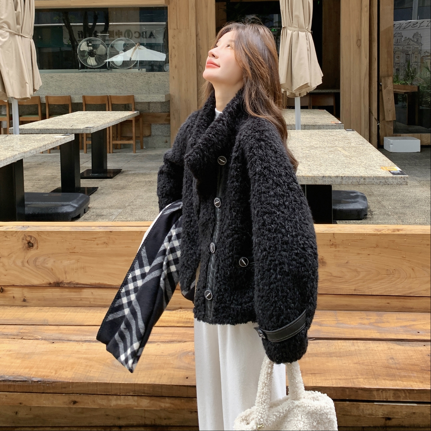 秋冬新款黑色百搭羊羔毛皮毛一体外套8157p225k358，女装棉衣/棉服，浙宝186